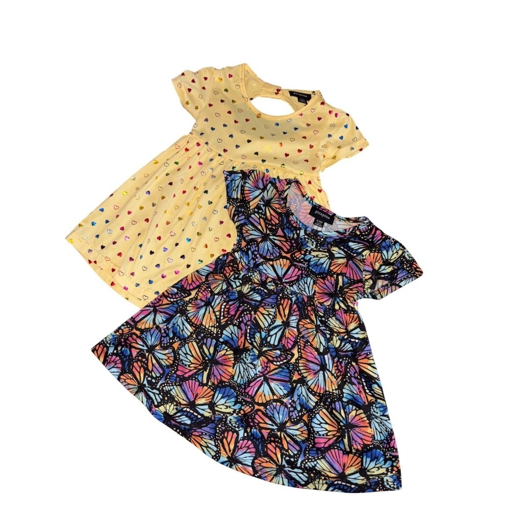 2 Pk Baby Girls Dress Butterfly & Heart Prints Short Sleeve Picapino 6/9 Mo